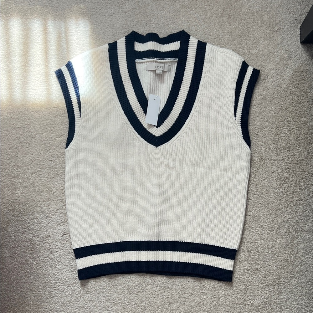 LOFT White and Black Striped Sleeveless Sweater Vest